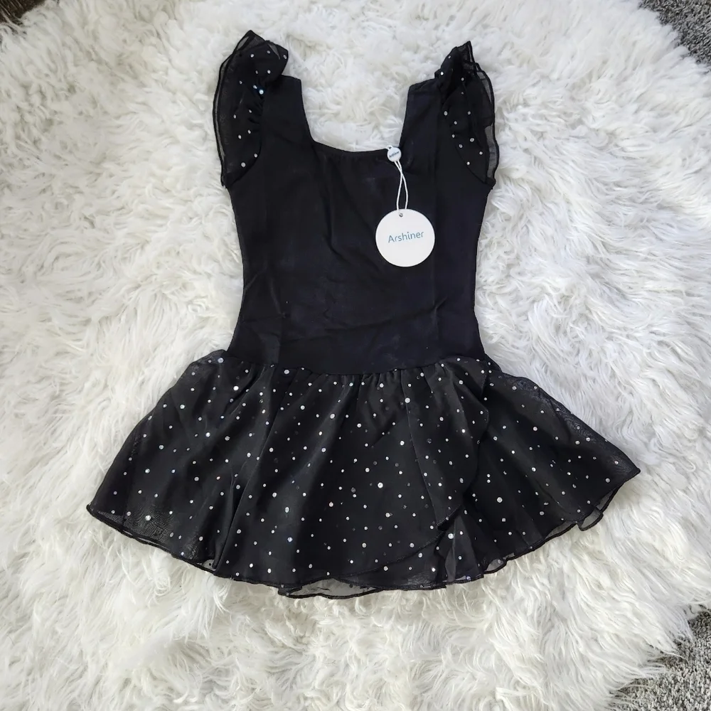 Arshiner Girls Ruffle Sleeve Ballet Dance Dress Tutu Skirted Leotard. Black.  Si